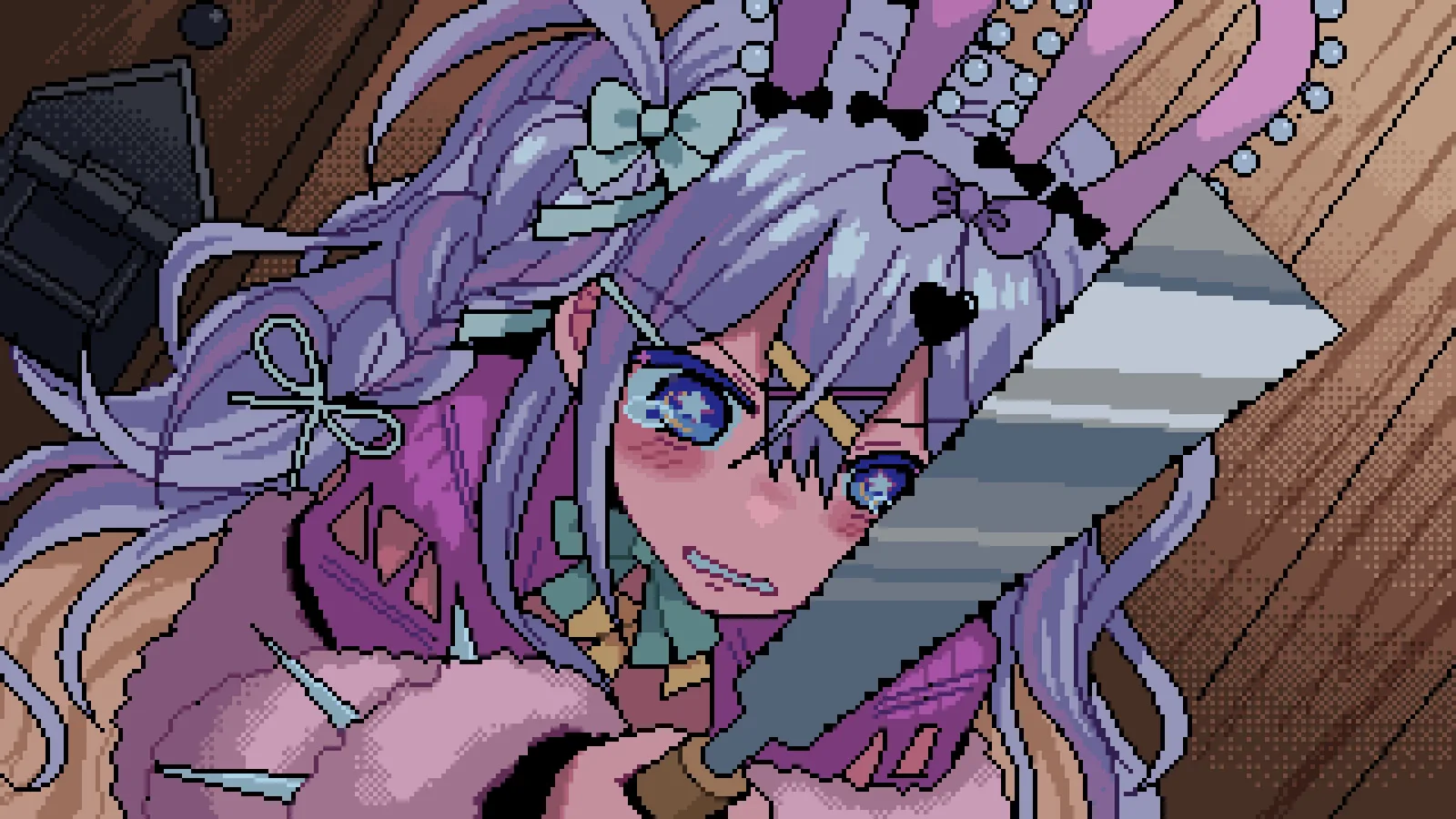 Close-up of Tsumimi holding a large knife at her side