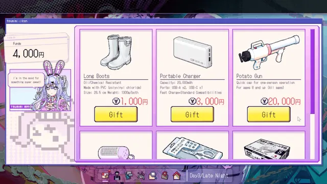 Wish-list shop listing boots, a cap and the potato gun with their prices